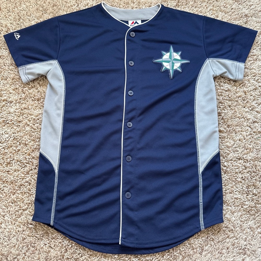 Majestic Seattle Mariners Baseball Jersey Navy Blue Youth Large Fits Women's S/M